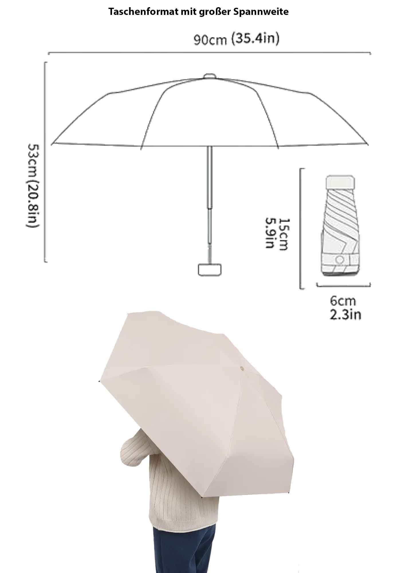 Features des Voyage Vibe Mini Taschen-Regenschirm. Immer griffbereit: Dank seiner kompakten Größe (6 cm x 15 cm) passt der Schirm in jede Handtasche und ist somit immer dabei, wenn Sie ihn brauchen. Zuverlässiger Schutz: Die große Spannweite (90 cm x 53 cm) bietet Ihnen kompletten Schutz vor Regen und Wind.