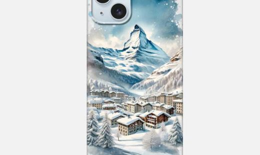 Bild der Produktkategorie Handyhüllen von Voyage Vibe. Slim Case Handyhülle mit Zermatt und Matterhorn Aquarell-Motiv im Winter. Schneebedeckte Winterlandschaft mit Chalets im Wallis.