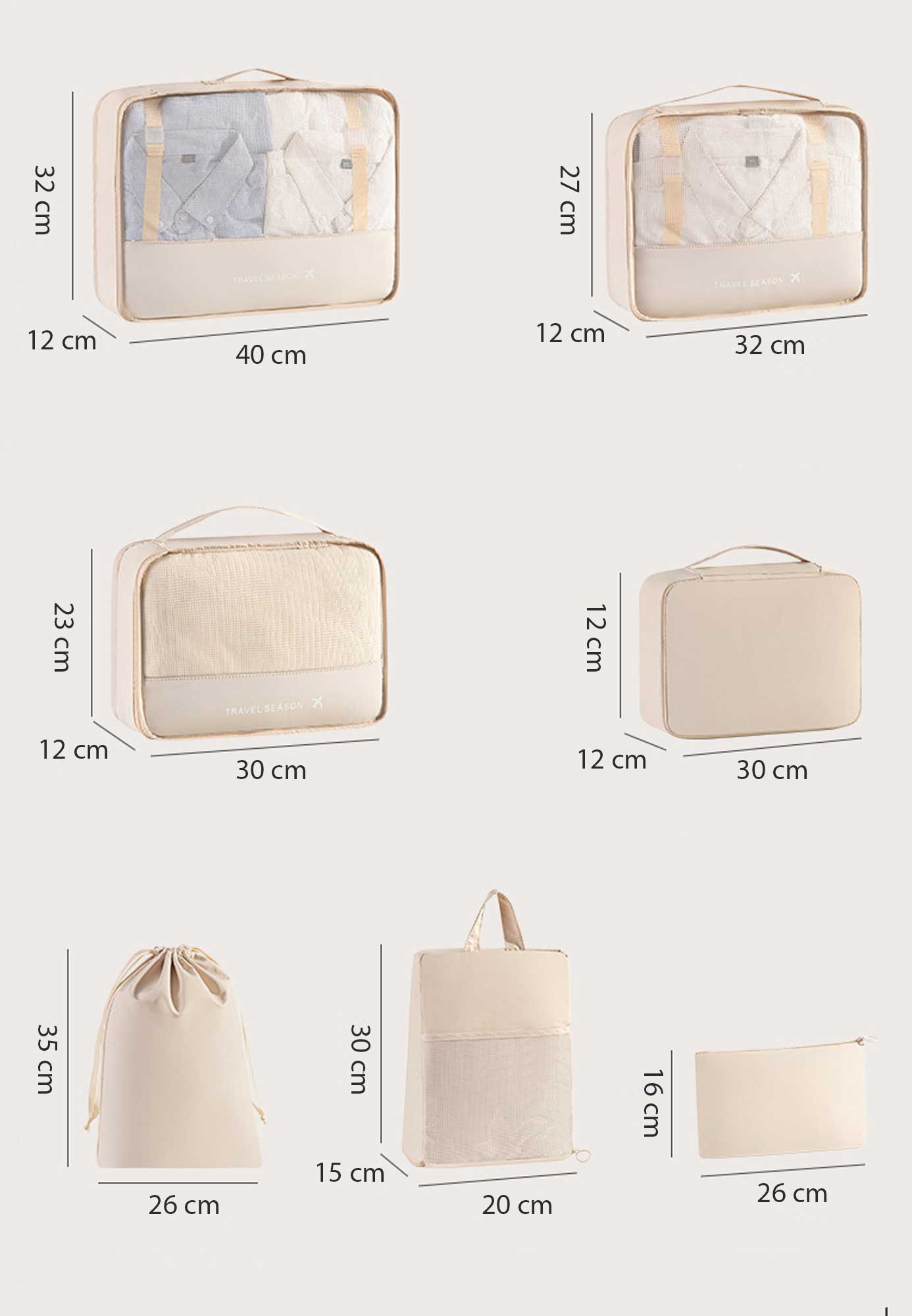 Zeigt die verschiednenen Dimensionen des 7-teiligen Koffer Organizer Set Stellar Flare in Beige - Abmessungen der Taschen: große Kleidertasche (40 x 32 x 12 cm), mittlere Kleidertasche (32 x 27 x 12 cm), kleine Kleidertasche (30 x 23 x 12 cm), Kosmetiktasche (30 x 21 x 10 cm), Schuhtasche (30 x 20 x 15 cm), Wäschetasche mit Kordelzug (35 x 26 cm), Kleinteiletasche (26 x 16 cm) - zeigt die Größen und Maße der einzelnen Taschen auf beigem Hintergrund.