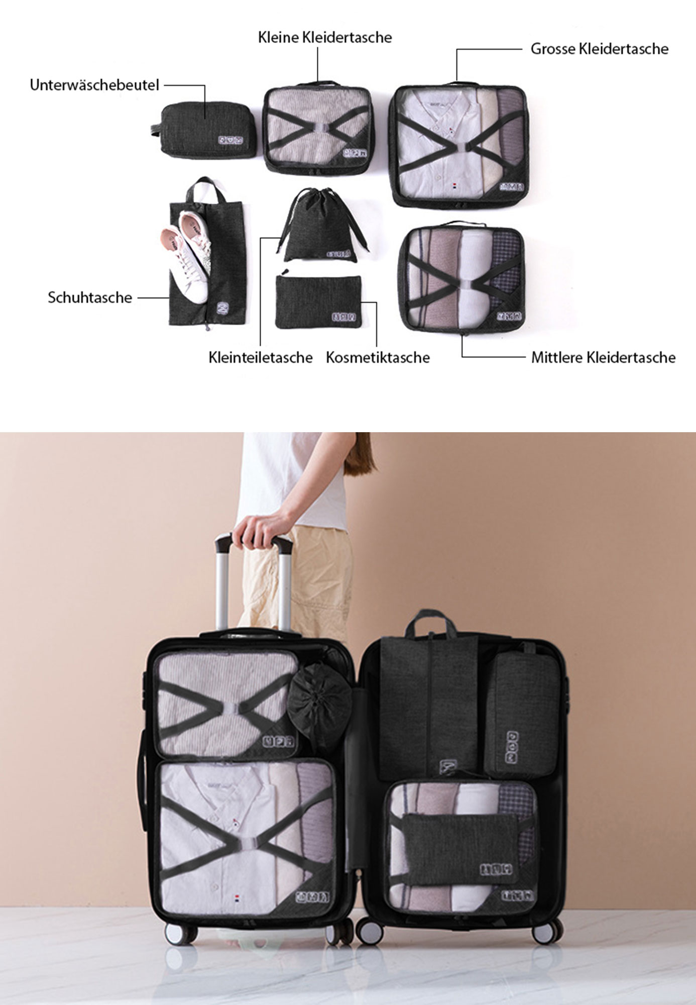 Das Bild zeigt das "(7er Set) Packing Cubes – Drevoy" in der schwarzen Farbvariante. Es ist in zwei Abschnitte unterteilt: oben eine Übersicht der einzelnen Taschen des Sets mit Beschriftungen, und unten eine praktische Anwendung der Taschen in einem geöffneten Koffer, den eine Person zieht. Obere Bildhälfte: Hier sind die sieben Teile des Sets einzeln dargestellt, jedes mit einer Beschriftung: Große Kleidertasche: Diese Tasche befindet sich oben rechts im Bild. Sie ist mit Kleidung befüllt und hat eine atmungsaktive Frontabdeckung mit Befestigungsriemen. Mittlere Kleidertasche: Direkt darunter, ebenfalls mit Kleidung befüllt und mit atmungsaktiver Frontabdeckung und Befestigungsriemen. Kleine Kleidertasche: Oben in der Mitte, auch mit atmungsaktiver Frontabdeckung und Befestigungsriemen. Unterwäschebeutel: Oben links, eine kompakte Tasche. Schuhtasche: Unten links im Bild, zeigt ein Paar weißer Sneaker. Kleinteiletasche: Direkt neben der Schuhtasche, eine kleinere rechteckige Tasche mit Kordelzug. Kosmetiktasche: In der Mitte unten, ebenfalls rechteckig. Untere Bildhälfte: Hier sieht man die praktische Anwendung der Taschen in einem geöffneten schwarzen Rollkoffer, der von einer Person, deren Oberkörper und Beine zu sehen sind, gehalten wird. Linke Kofferhälfte: Große Kleidertasche: Unten platziert, gefüllt mit Kleidung, gut sichtbar durch die atmungsaktive Frontabdeckung mit Befestigungsriemen. Mittlere Kleidertasche: Direkt darüber, ebenfalls gefüllt und gut sichtbar. Kleinteiletasche mit Kordelzug: Direkt oben rechts neben der mittleren Kleidertasche. Rechte Kofferhälfte: Kleine Kleidertasche: Unten platziert, ebenfalls gefüllt mit Kleidung. Kosmetiktasche: Direkt rechts neben der kleinen Kleidertasche. Schuhtasche: Oben rechts platziert, ein Paar Schuhe ist sichtbar. Unterwäschebeutel: Direkt oben rechts im Koffer. Beschreibung der Nutzung: Die Packing Cubes sind effizient und platzsparend im Koffer organisiert. Alle Taschen haben eine einheitliche schwarze Farbe und verfügen über atmungsaktive Frontabdeckungen, die eine klare Sicht auf den Inhalt ermöglichen und für eine gute Durchlüftung sorgen. Befestigungsriemen in den Kleidertaschen halten den Inhalt sicher an Ort und Stelle. Das Set ist leicht und kompakt, sodass es bei Nichtgebrauch minimalen Platz beansprucht. Es ist ideal für verschiedene Reisearten, von Urlaubs- über Geschäftsreisen bis hin zu Familienausflügen, und sorgt für optimale Organisation im Gepäck, was das Packen und Auspacken erheblich erleichtert.