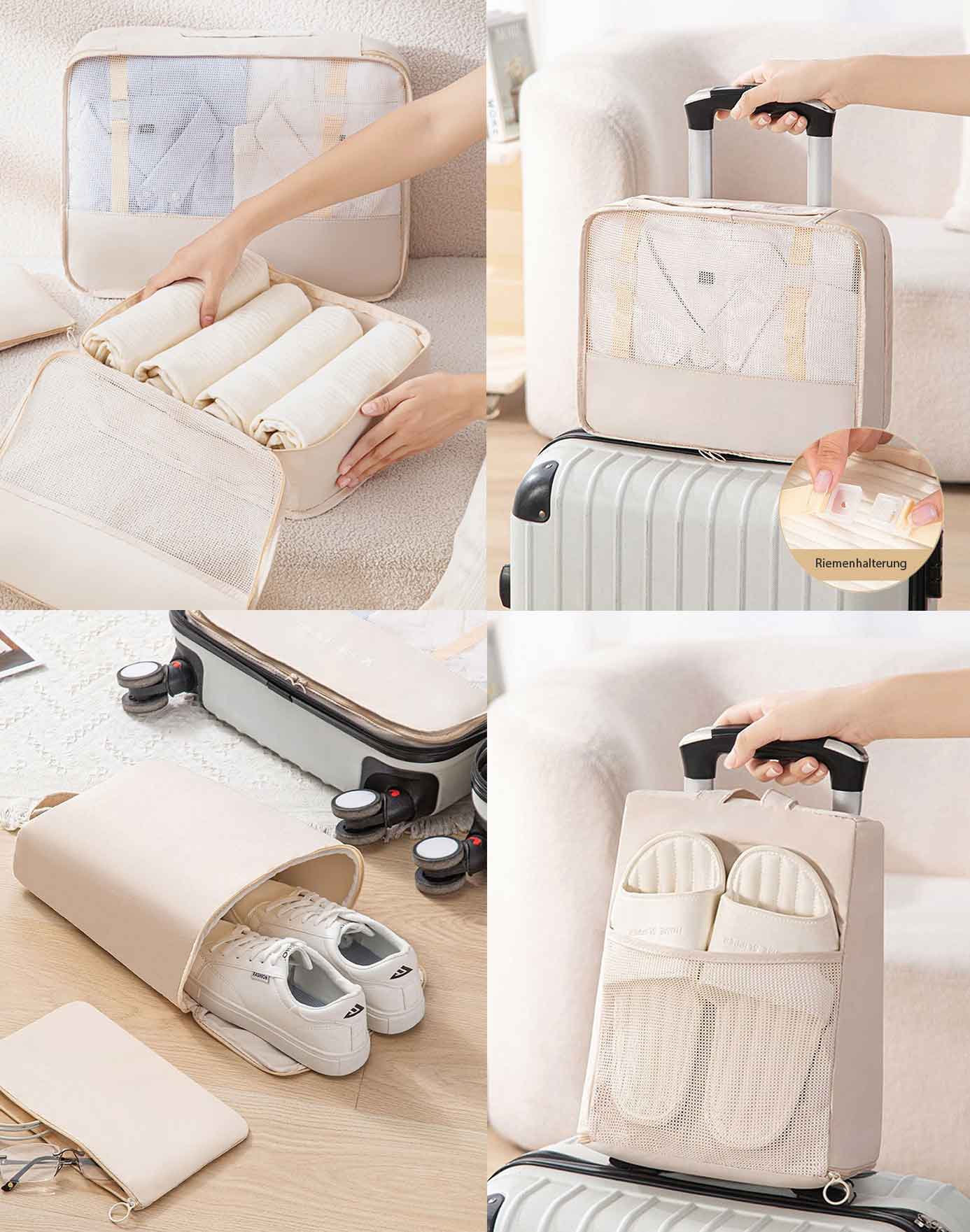 7-teiliges Packing Cubes Set Stellar Flare in Beige - zeigt die Anwendung und Features: große Kleidertasche mit atmungsaktiver Frontabdeckung zum Packen von Kleidung, mittlere Kleidertasche an einem Koffergriff befestigt, Schuhtasche mit Außentasche für Badelatschen und Flip-Flops, Nahaufnahme der Riemenhalterung - ideal für organisiertes Packen und effiziente Raumnutzung auf Reisen, auf einem Teppich und Holzboden mit Couch im Hintergrund.